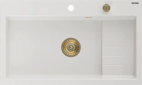 Mexen Omar žulový drez s jednou komorou 800 x 480 mm, biely, zlatý sifón - 6520801005-20-G