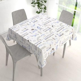 Biante Detský bavlnený štvorcový obrus Sandra SA-690 Modré vláčiky s lietadielkami na bielom 100x100 cm