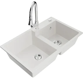 Mexen Tomas, 2-komorový granitový drez 800x500x190 mm a drezová batéria Elia, biela, 6516-20-670101-00