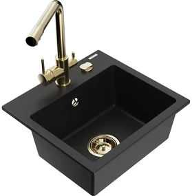 Mexen Milo, granitový drez 435x410x171 mm, 1-komorový a zlatá batéria Duero, čierna, 6505-77-671600-50