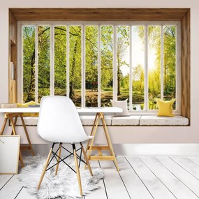 Fototapeta - Slnečný pohľad na stromy z okna (254x184 cm)