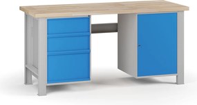 Dielenský pracovný stôl G7, buková škárovka, 1700 x 685 x 840 mm, 1x skrinka, 3 zásuvky, modrá