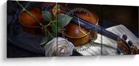 Obraz - Ruže a husle (s hodinami) (90x30 cm)