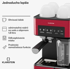 Klarstein 1,8 l kávovar s napeňovačom mlieka, 20 barový pákový kávovar, malý kávovar na mletú kávu s výkonom 1350 W, baristický kávovar na ľadovú kávu cappuccino latte espresso