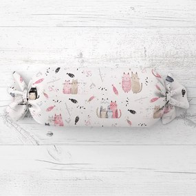 Biante Detský vankúš valec bonbon Sandra SA-654 Mačací svet ružovo-hnedý na bielom 15x40 cm