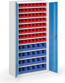Skriňa s plastovými boxami BASIC - 1800 x 400 x 920 mm, 64xA/24xB, sivá/modré dvere