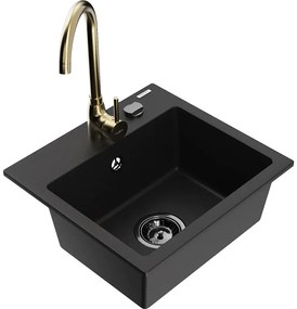 Mexen Milo, 1-komorový granitový drez 435x410x171 mm a zlatá batéria Telma, čierna, 6505-77-670200-50-B