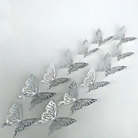 Samolepka na stenu "Metalické Motýle - Strieborné 3" 12 ks 8-12 cm