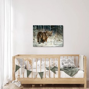 Obraz - Tiger v zasneženom lese, olejomaľba (70x50 cm)