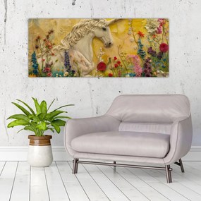 Obraz - Jednorožec s kvetinami (120x50 cm)