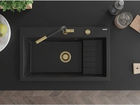 Mexen Omar, 1-komorový granitový drez 800x480x210 mm, čierna-strieborná metalíza, zlatý sifón, 6520801005-73-G