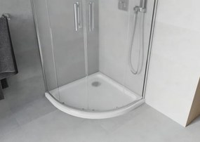 Mexen Rio, štvrťkruhový sprchovací kút s posuvnými dverami 80 x 80 cm, 6mm sklo námraza, chrómový profil + biela sprchová vanička, 863-080-080-01-30-4110