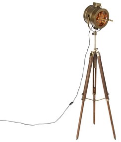 Trojnohá stojaca lampa bronzová s dreveným štúdiovým bodovým svetlom - Radient