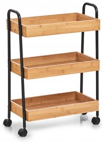 Pojazdný regál, vozík s 3 úložnými boxmi, bambus, čierny kov TROLLEY