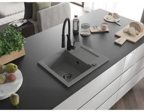 Mexen Enzo, 1-komorový granitový drez 576x465x174 mm a drezová batéria Aster, šedá, 6506-71-73450-70-B