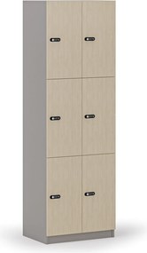 Drevená šatníková skrinka S4 s úložnými boxmi, 6 boxov, demont, mechanický kódový zámok, sivá/breza