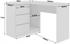 Rohový písací stôl ľavý 124 x 85 x 77 cm AKORD CLP - wengw/biela