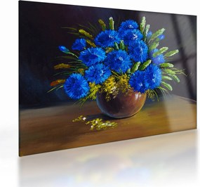 Sklenený obraz modrých kvetov vo váze (70x50 cm)
