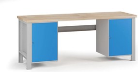 Dielenský pracovný stôl G7, buková škárovka, 2100 x 685 x 840 mm, 2x skrinka, modrá