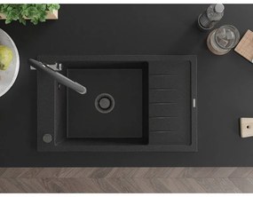 Mexen Elias, 1-komorový granitový drez 795x480x200 mm a drezová batéria Duo, čierna-strieborná metalíza, 6511-73-671701-07-B