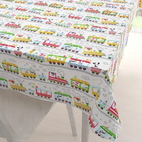 Biante Detský bavlnený obdĺžnikový obrus Sandra SA-328 Vláčik so zvieratkami na bielom 140x220 cm
