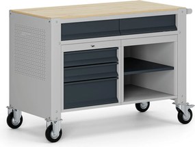 Pojazdný dielenský stôl G9, 1 polica, 5 zásuviek, 1180 x 595 x 865-1130 mm, sivá/grafit