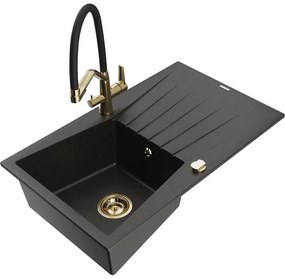 Mexen Cesar, 1-komorový granitový drez 775x470x190 mm a drezová batéria Duo, čierna-zlatá metalíza, 6514-75-671701-57-G