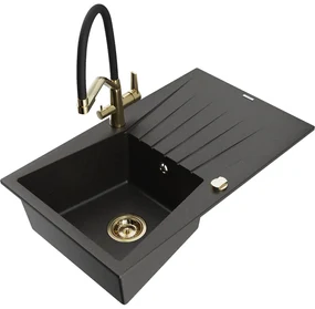 Mexen Cesar, 1-komorový granitový drez 775x470x190 mm a drezová batéria Duo, čierna-zlatá metalíza, 6514-75-671701-57-G