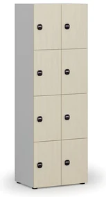 Drevená šatníková skrinka s úložnými boxmi, 8 boxov, RFID zámok, sivá/breza
