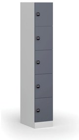 Šatníková skrinka s úložnými boxmi, 5 boxov, 1850 x 300 x 500 mm, demont, zámok s čítačkou RFID kariet, tmavosivé dvere