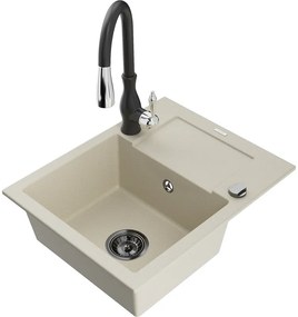 Mexen Enzo, 1-komorový granitový drez 576x465x174 mm a drezová batéria Savita, béžová, 6506-69-672601-70