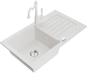 Mexen Pablo, granitový drez 752x436x161 mm, 1-komorový a drezová batéria Carla, biela, 6510-20-670700-20