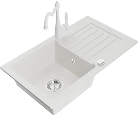 Mexen Pablo, granitový drez 752x436x161 mm, 1-komorový a drezová batéria Carla, biela, 6510-20-670700-20