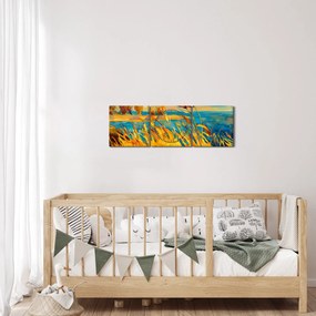 Obraz - Západajúce slnko nad jazerom, akrylová maľba (s hodinami) (90x30 cm)