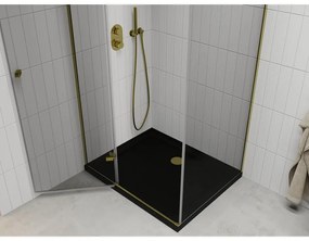 Mexen Roma, sprchovací kút s 1-krídlovými dverami 120 (dvere) x 80 (stena) cm, 6mm číre sklo, zlatý profil, slim sprchová vanička 5cm čierna, 854-120-080-50-00-4070G