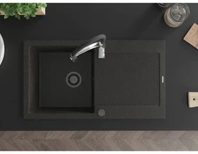 Mexen Leo, granitový drez 900x500x190 mm, 1-komorový a drezová batéria Aster, čierna-zlatá metalíza, 6501-75-73450-07-B