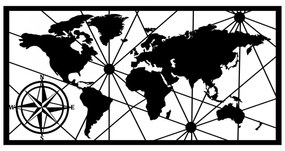 Nástenná kovová dekorácia Mapa sveta kompas 120x60 cm čierna