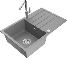 Mexen Bruno, 1-komorový granitový drez 795x495x200 mm a drezová batéria Flora, šedá, 6513-71-670401-00