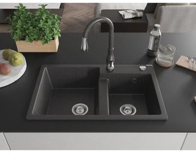 Mexen Tomas, granitový drez 800x500x190 mm, 2-komorový a drezová batéria Savita, čierna škvrnitá, 6516-76-672601-76