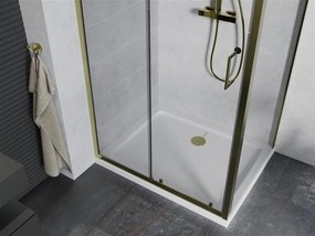 Mexen Apia sprchovací kút s posuvnými dverami 140 (dvere) x 100 (stena) cm, 5mm číre sklo, zlatý profil + biela sprchová vanička SLIM, 840-140-100-50-00-4010G