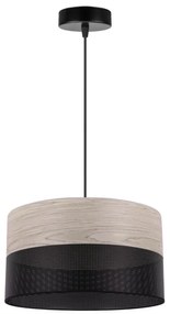 Závesné svietidlo Wood, 1x svetlobéžová dubová dýha/čierne PVC tienidlo, (fi 30cm)
