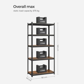 Regál s vysokou nosnosťou, nastaviteľné police, rustikálny hnedý