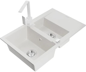 Mexen Gaspar, granitový drez 737x475x177 mm, 1,5-komorový a chrómová batéria Rita, biela, 6507-20-670300-20