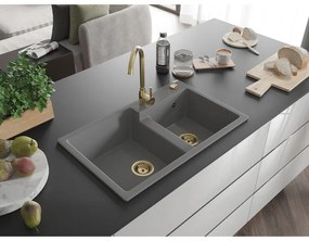 Mexen Tomas, granitový drez 800x500x190 mm, 2-komorový a zlatá batéria Telma, šedá, 6516-71-670200-50
