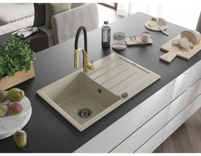 Mexen Bruno, 1-komorový granitový drez 795x495x200 mm a drezová batéria Aster, béžová, 6513-69-73450-57-B