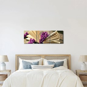 Obraz knihy a fialovej kvetiny (s hodinami) (90x30 cm)