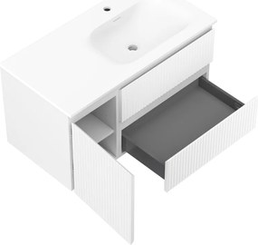 Mexen Rivel, kúpeľňová skrinka 90 cm s pravým umývadlom Vela, 2S, 1D, drážkovaná, biela matná, 91A23-09047-3-BBFFF01-W23P01