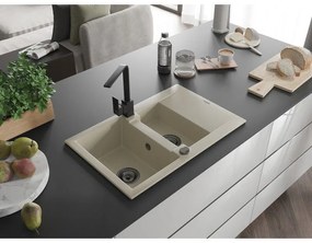Mexen Gaspar, granitový drez 737x475x177 mm, 1,5-komorový a čierna batéria Rita, béžová, 6507-69-670300-70