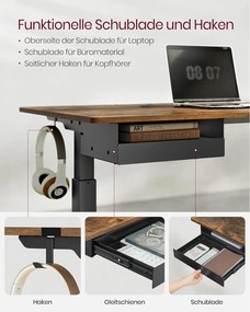 Elektrický výškovo nastaviteľný písací stôl so zásuvkou a zásuvkou, 140 x 60 cm, hnedo-čierny.