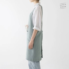 Zelená ľanová zástera Linen Tales Crossback, dĺžka 80 cm